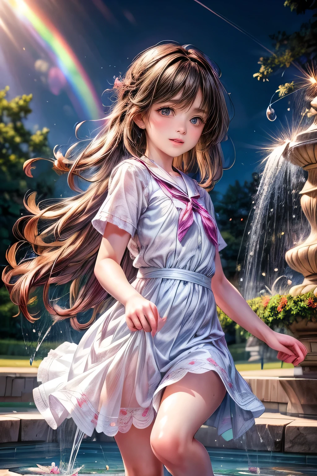 masterpiece:1.2, highest quality, 16k, highres, ultra-realistic, photorealistic:1.37, beautiful detailed:1.2, cute 2 girls, standing:1.2, bare foot girls, school summer uniform, The two of us play while being splashed by the fountain in the park, Rainbow-colored fountain spray, frolicking happily, beautiful delicate(hair, face, long eyelash, eyes, pupils, lips), sparkling eyes, shining rosy lips, blushed cheek, through bangs,