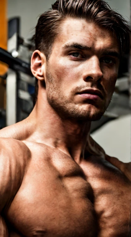 a handsome muscular man, workout at the gym, sitting on a weight bench lifting weights, chiseled abs, strong arms, intense facial expression, dramatic lighting, cinematic composition, photorealistic, high quality, 8k, hyper detailed, sharp focus, physically based rendering, studio lighting, vibrant colors