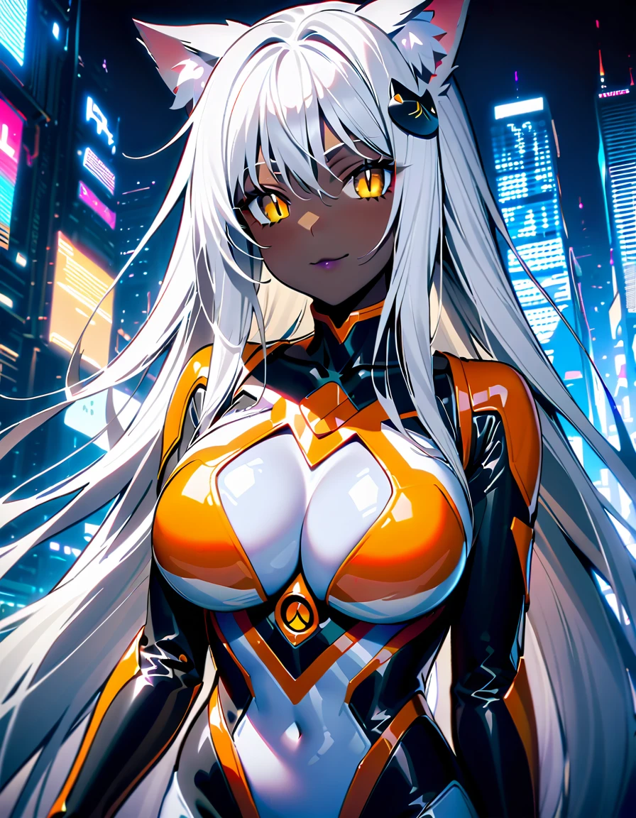 masterpiece, high quality, extremely detailed, 1girl, solo, (dark skin, black skin:2.1), koneko toujou, (huge breasts:1.2), ((((white hair), very long hair, yellow eyes, slit pupils, cat ears))), red lips, (((mechanical bodysuit, white-striped bodysuit))), ((light smile), closed mouth), ((futuristic cityscape))