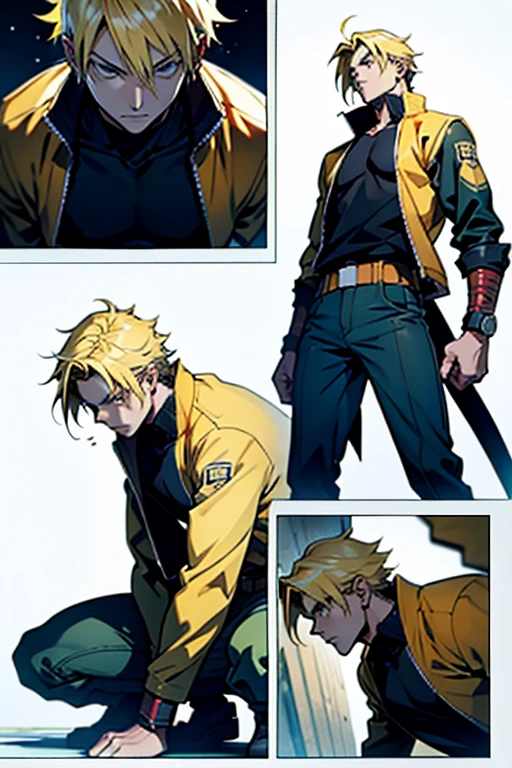 Slim Anime guy with blonde hair, fighting, full body shots, manga page with panels and dialogue 