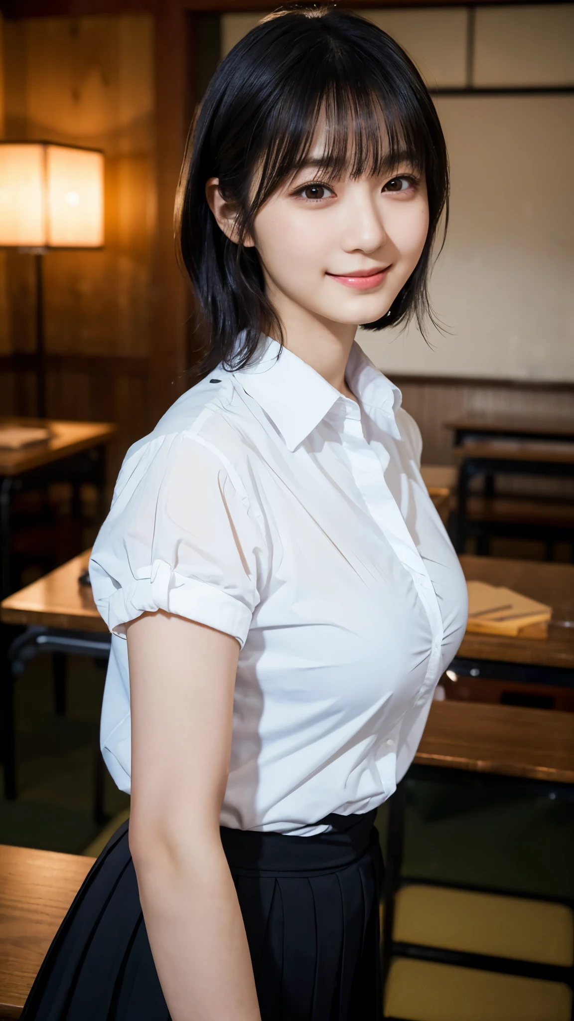 (highest quality,masterpiece:1.3,Ultra-high resolution),(Super detailed,Caustics,8k), (Photorealistic:1.4, RAW shooting),darkness,Night Classroom,Japanese,20-year-old,smile,Natural Makeup,Black Hair Middle Hair,(White shirt),Big Breasts,Rim Light,Waist up shot