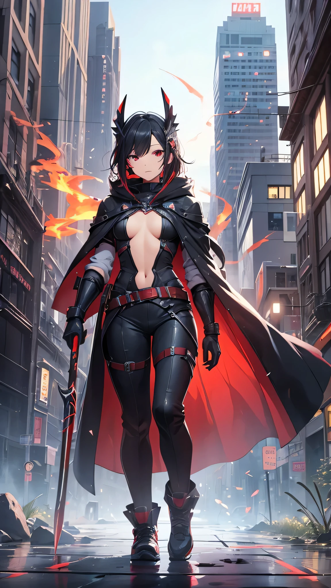 Highest quality、Highest quality、Masterpiece、girl((Metal body,Age 25、as soon as、Highest Bust、Medium Bust、Wide open chest、Red glowing eyes、Black Ear、Red Mesh、Disheveled Hair、Loincloth、thin、The best valley、Open chest、Red Cape、hair ornaments、Full body view、gas mask、Black hoodie、Black trousers、Holding a spear knife))、high quality、Beautiful Art、background((fog、cigarette、smoke、Red smoke、City、Cigarette curtain、Explosive Flame))、flight、Flying Debris、Depth of text、movie、Visual Arts、Perfect Art、8K、Genuine、Special Angles