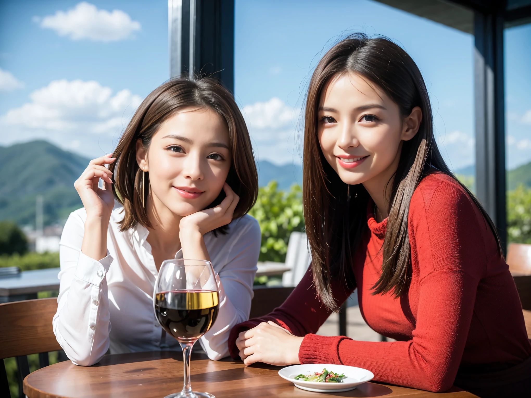 ((highest quality、8k、masterpiece:1.3))、1 male、1 female、Satomi Ishihara lookalike couple、Spouse、Brown Hair Couple、The body is slim、((Bob Hale、Straight hair:1.2)), (Realistic, Intricate details:1.2), Wine glass on the table、Shine light on your face、 Amazing view of the sunset sky and clouds、Amazing mountain views、A bright smile、The wonderfulness of smile、Bright image、The beauty of wine, Beautiful Face, blue eyes, The light shines on your face, Blushing, short hair,Bright Face、 (Age 36), 39 years old, red wine 、Appetizers、Italian food、Wine bottle、Champagne、sparkling wine、Two beauties、Brown Hair、Shortcuts、Long sleeve shirt、dress、Pretty Woman 1, (Slim face), (The body is slim), (Brown Hair), (Shortcuts), cheeks turn a little red,Attractive beauty、restaurant, In a prominent place (From the waist up) Nova Frog Style, actress, model, Upper Body, White wine, slim, wine glass, A wine glass placed in the center, smile, (smile: 1.15), Beautiful fine grain, Depth f/2,saturation, High Contrast, Strong light and shadow,Moist Body:1.5、3D texture、Delicate eyes、Brown Hair、The hair is very shiny、