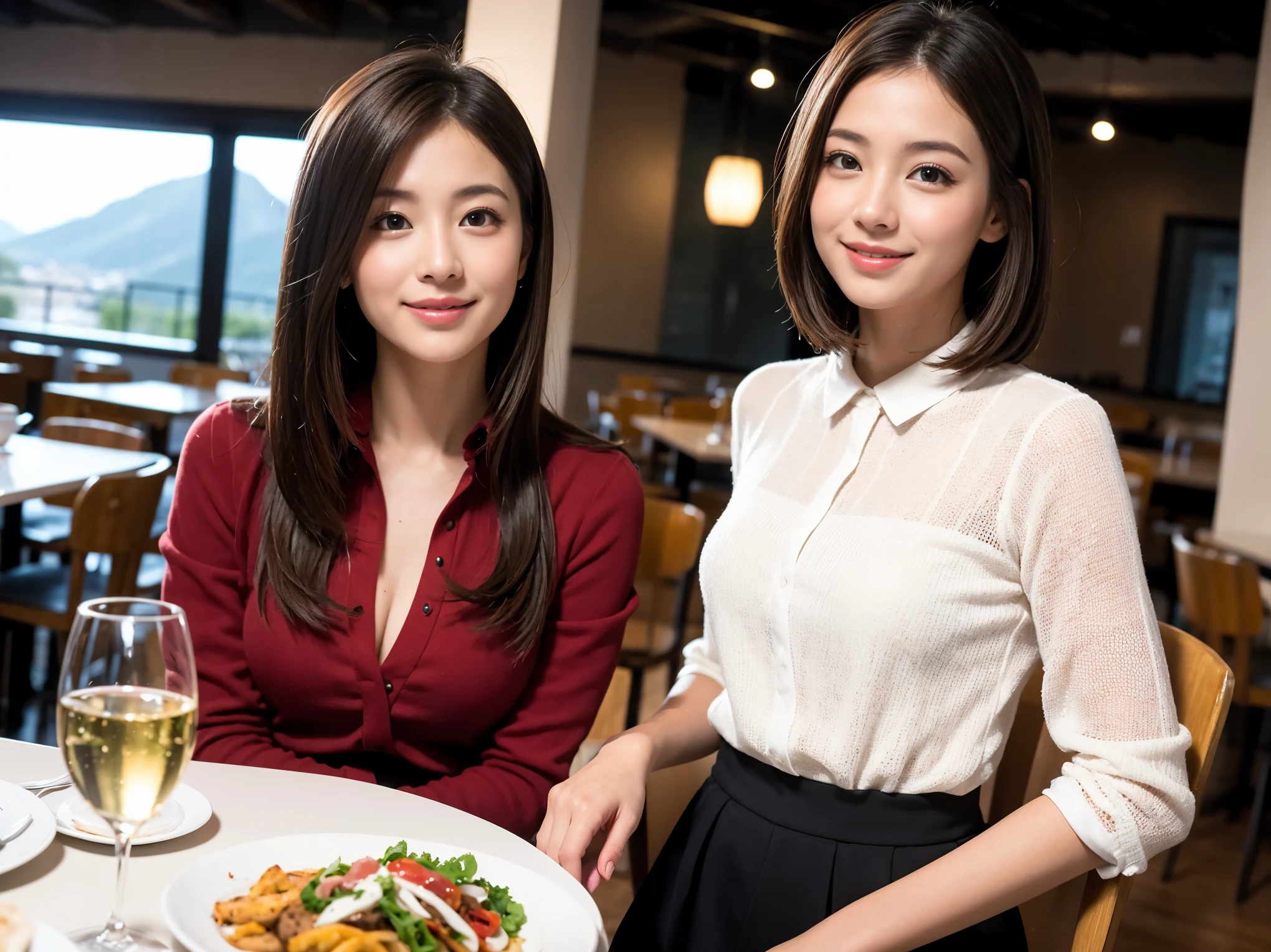 ((highest quality、8k、masterpiece:1.3))、1 male、1 female、Satomi Ishihara lookalike couple、Spouse、Brown Hair Couple、The body is slim、((Bob Hale、Straight hair:1.2)), (Realistic, Intricate details:1.2), Wine glass on the table、Shine light on your face、 Amazing view of the sunset sky and clouds、Amazing mountain views、A bright smile、The wonderfulness of smile、Bright image、The beauty of wine, Beautiful Face, blue eyes, The light shines on your face, Blushing, short hair,Bright Face、 (Age 36), 39 years old, red wine 、Appetizers、Italian food、Wine bottle、Champagne、sparkling wine、Two beauties、Brown Hair、Shortcuts、Long sleeve shirt、dress、Pretty Woman 1, (Slim face), (The body is slim), (Brown Hair), (Shortcuts), cheeks turn a little red,Attractive beauty、restaurant, In a prominent place (From the waist up) Nova Frog Style, actress, model, Upper Body, White wine, slim, wine glass, A wine glass placed in the center, smile, (smile: 1.15), Beautiful fine grain, Depth f/2,saturation, High Contrast, Strong light and shadow,Moist Body:1.5、3D texture、Delicate eyes、Brown Hair、The hair is very shiny、