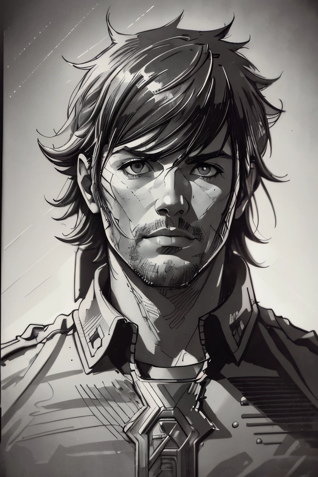 A man in a mugshot, sketch, noctis lucis, black and white, detailed features, vintage style, high contrast lighting. (best quality, highres, realistic:1.37), vintage, monochrome, intense gaze, dramatic lighting, rugged background, distressed paper texture, retro vibes, id photo, front view