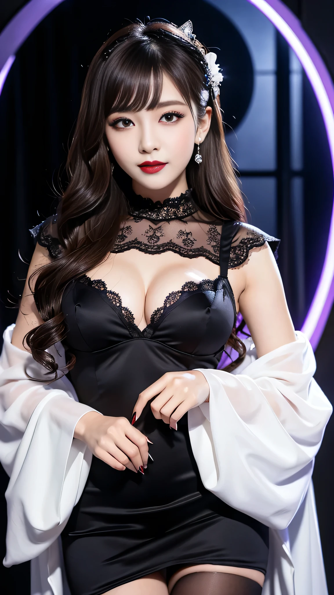 best quality、ultra-detailed、4k、Japanese、Seductive beauty、seductive adult woman、Pretty Woman、cool girl、Villainess、Brainwashed、brainwash、Fallen into evil、smirk、Evil look、Wicked Smile、evil、Brown hair、wavy hair、swept bangs、dark makeup、dark makeup、piercing eyes、hollow eyes,half-closed eyes、Hollow Eyes、purple Eyeshadow、black lipstick、black lipglos、Lace fabric、blue party dress、Wide sleeves、stockings、pantyhose、night、inside darkroom、Are standing、shoot from below、Make up、Makeup brushes、Have lipstick、Swear allegiance、I have pledged my allegiance、Seduce、