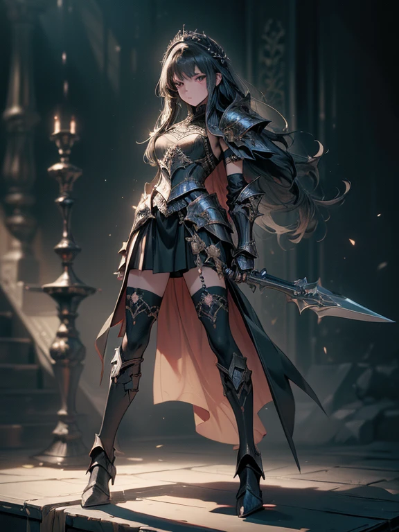 (((masterpiece, best quality, high detailed, 8k)))Design a layout showcase Gaming character, (1girl),(perfect face). Black|Gold clothes, opulent and dark. ((showcase weapon:1.4)), cursed blade. (masterpiece:1.2), (best quality), 4k, ultra-detailed. (Step by step design, layout art:1.5), (gloomy lighting, cursed atmosphere). dark knight, ((cursed gloves)), (((revealing armor:1.3))), dark vambraces, cursed boots, (((full_body_shot:1.4))).