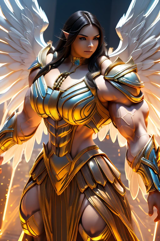((((Massive tall, beautiful, buff, light brown skinned muscular angel woman with black hair, huge angel wings, ginormous bulky muscles, flying and wearing a beautiful white angel futuristic armor with pleated skirt)))), (close view), massive muscles, massive biceps, hyper muscle shoulders, massive muscle arms, vascular shoulders, hyper muscle triceps, huge angel wings, (long straight hair), pleated skirt, orange eyes, choker, angel gauntlets, on top of a magical skyscraper in a mystical world, smile, hyper vascular arm, hyper muscles arms, hyper muscle legs, (massive arms).