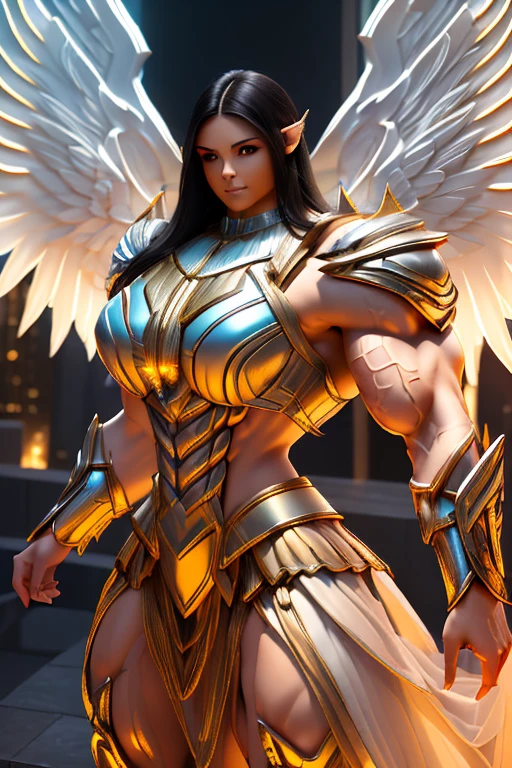 ((((Massive tall, beautiful, buff, pale white skinned muscular angel woman with royal blue hair, huge angel wings, ginormous bulky muscles and wearing a beautiful white angel futuristic armor with pleated skirt)))), (close view), massive muscles, massive biceps, hyper muscle shoulders, massive muscle arms, vascular shoulders, hyper muscle triceps, huge angel wings, (long curly wavy hair), pleated skirt, black eyes, choker, angel gauntlets, on top of a magical skyscraper in a mystical world, smile, hyper vascular arm, hyper muscles arms, hyper muscle legs, (massive arms).