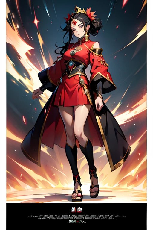 Anime girl empress with black hair and red diamond on forehead , full body shots, manga page with panels and dialogue