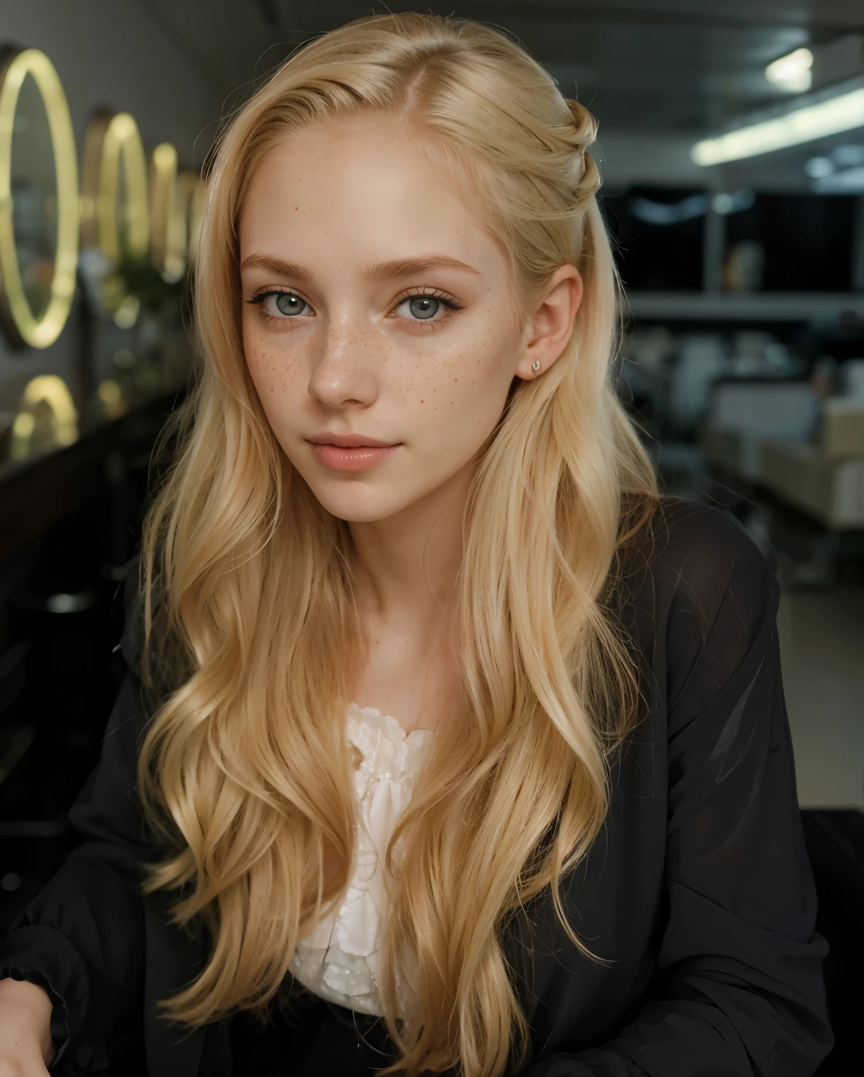 mulher, americana, 25 anos, pale skin and freckles, olhos cinzas, nariz delicado, soft and delicate lips, longo, cabelo blondie longo e ondulado na altura da cintura, sorriso meigo, face with delicate feminine facial features, altamente renderizado