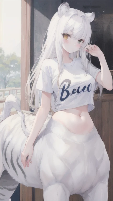 (best quality, masterpiece), 1 girl, centaur, It takes, White skin, belly button t-shirt, 아름다운 소녀 perfect white tiger photo, perfect white tiger photo