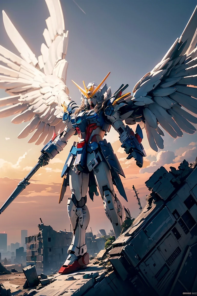 ((masterpiece, highest quality, Highest image quality, High resolution, photorealistic, Raw photo, 8K)), ((Extremely detailed CG unified 8k wallpaper)), Wing gundam zero, They spread their wings and soar over the ruined city,