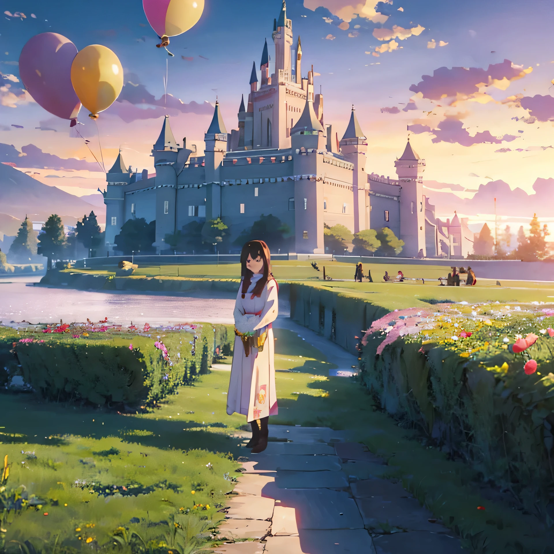 Western castles stand tall、A 20-year-old woman smiling with a hill full of flowers in the background、There are lots of balloons flying