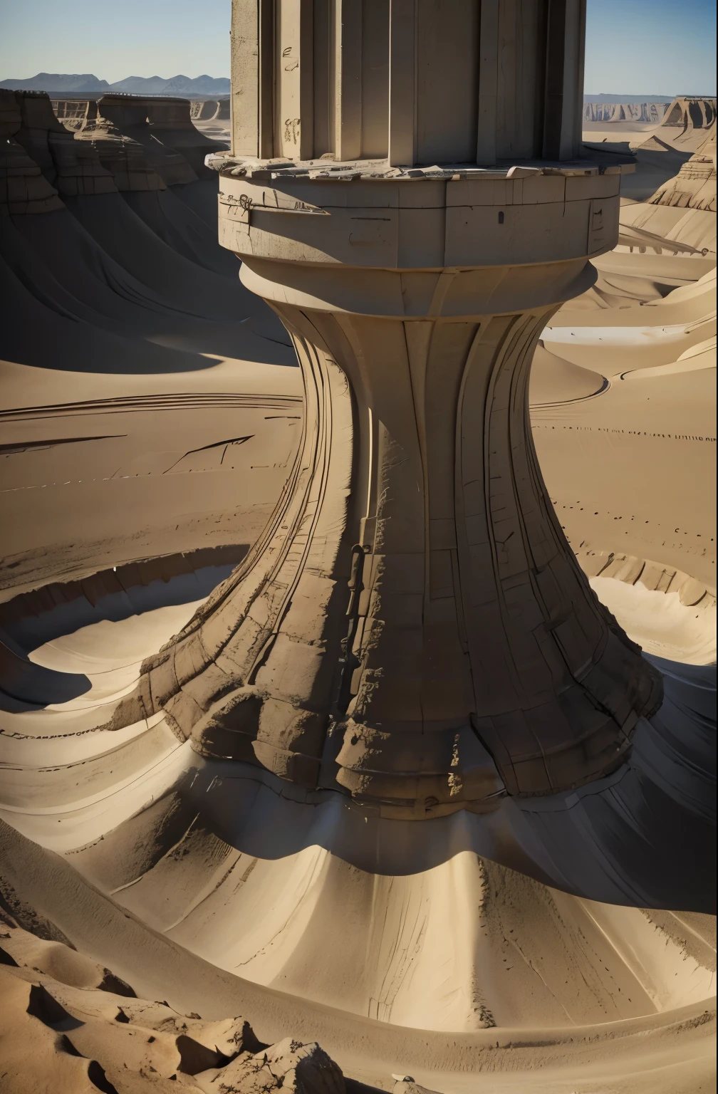 masterpiece, best quality, extremely detailed, hyperrealistic, photorealistic, desert, a gigantic funnel-like indentation in the ground surface, strong wind