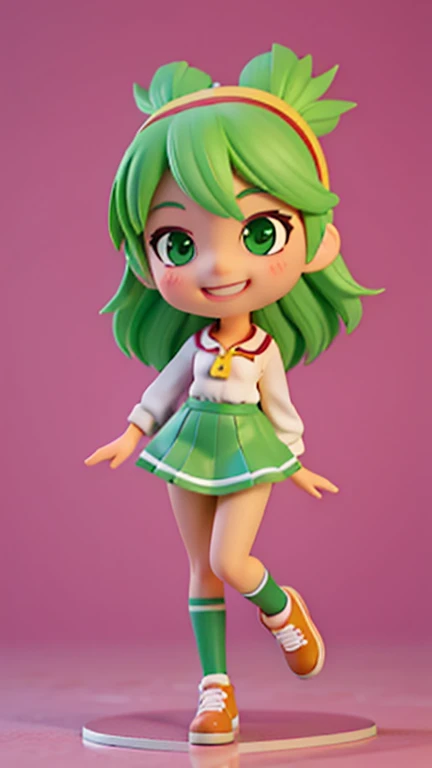 cute high school girl,smiling,4 heads,3D character,cartoon rendering,green hair,hip hop dancing,full body,plain background