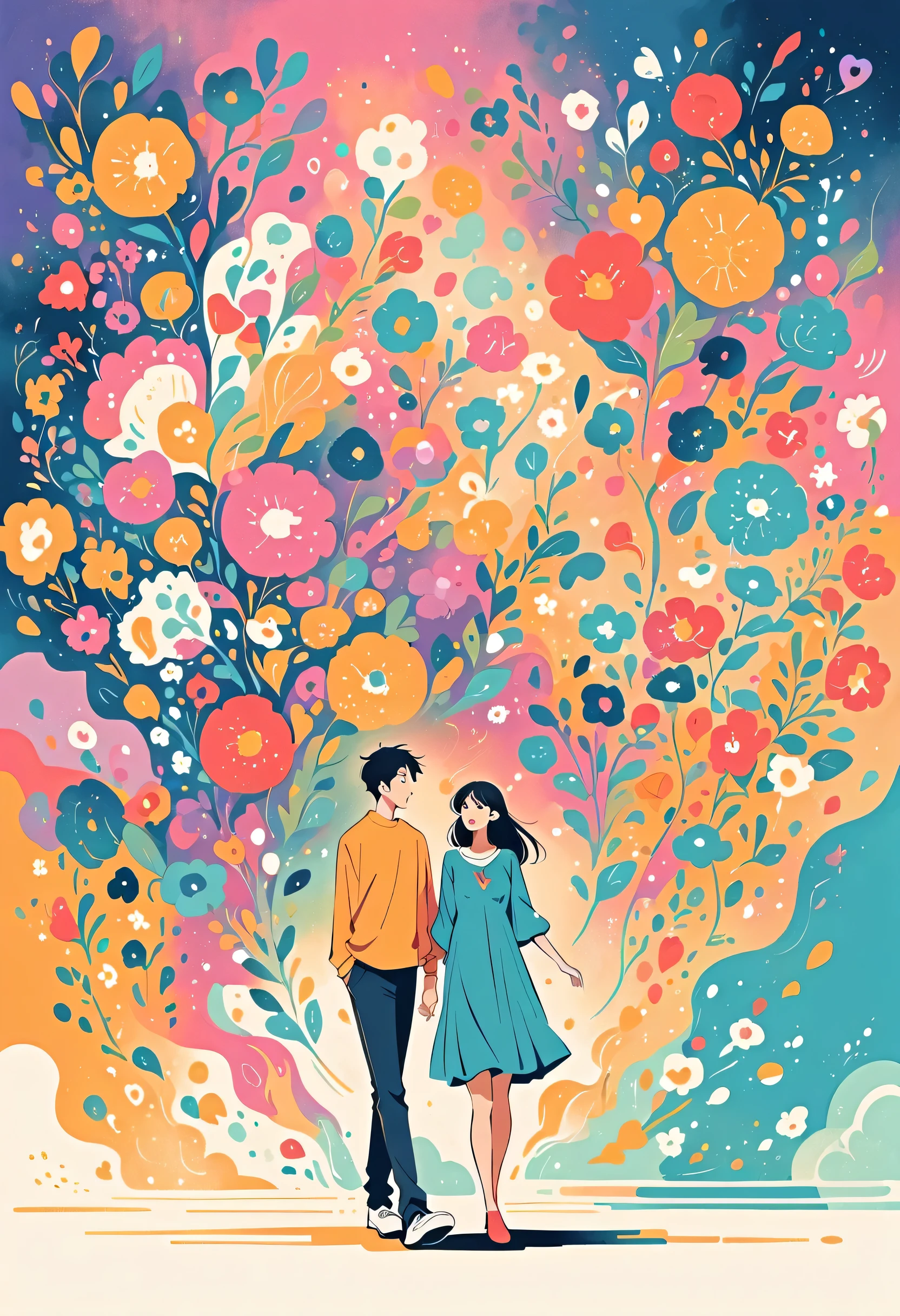 Watase Seizo style, Standing in front of a high wall,Simple Line Initialism,Abstract art,Urban Background, (((The most beautiful girl))), Lips in Love, walking, colorful flowers