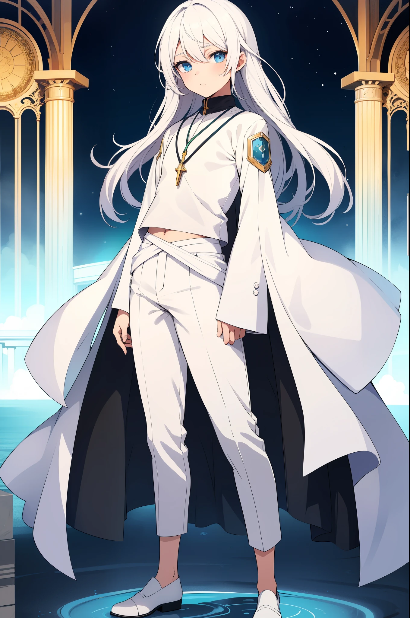 a really cute boy, age 5, shiny heavenly blue eyes, white lush hair, slightly tanned skin, in a full sleeve white shirt, half black pants, green pendent, plain adorable look, looking at viewer, standing, show full body