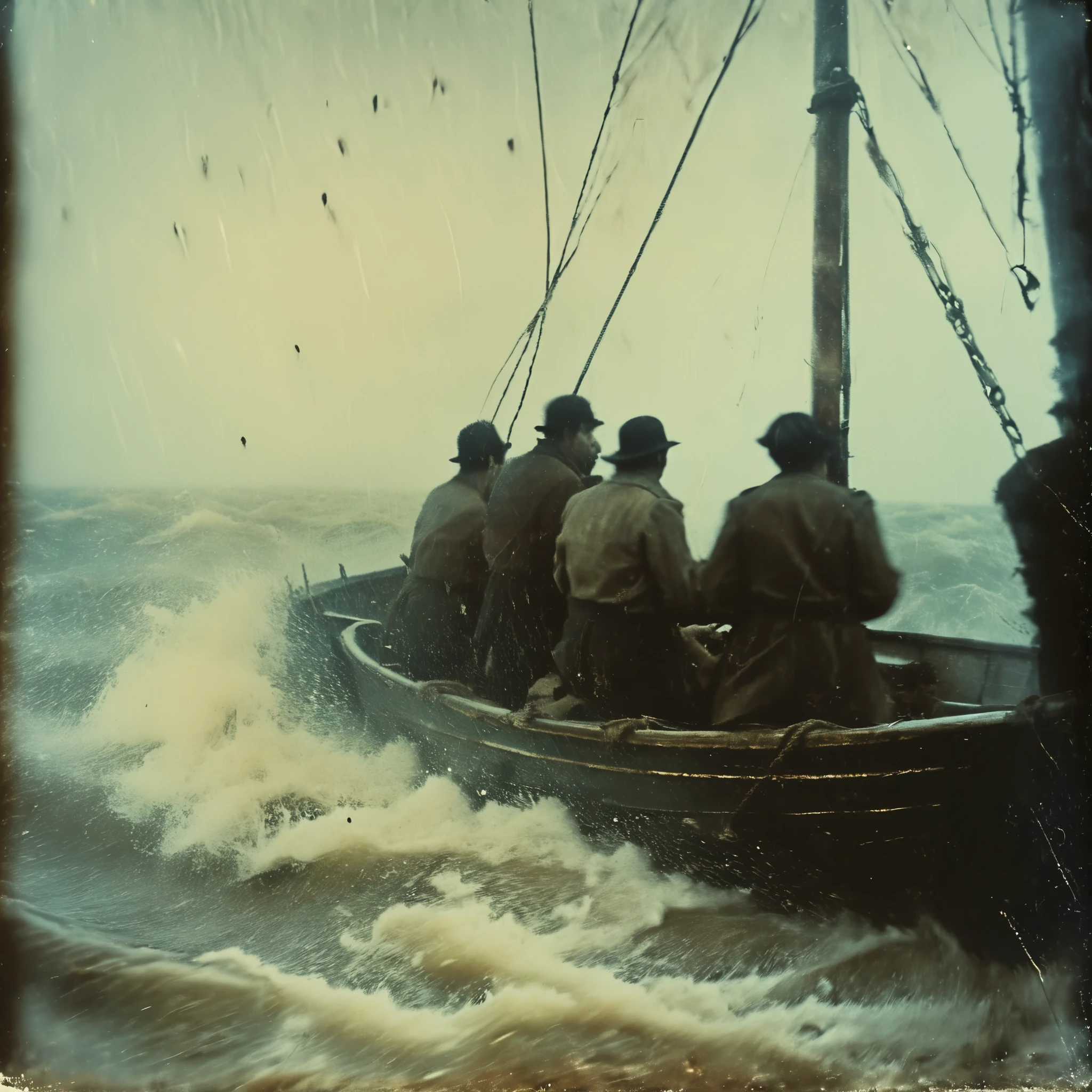 side-view, movie-scene, 35mm vintage, realistic old photo, Photo-realistic, advanced 3d perspective, grainy, 4 young distressed adults on sail-boat yelling during stormy shipwreck, reef, seen from side, 