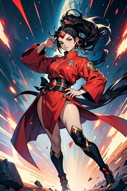 Anime girl empress with black hair and red diamond on forehead, fighting, full body shots, manga page with panels and dialogue
