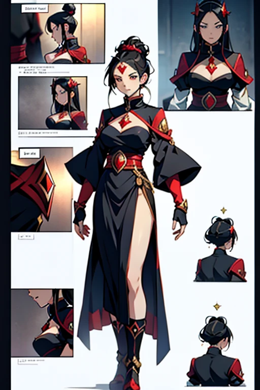 Anime girl empress with black hair and red diamond on forehead, fighting, full body shots, manga page with panels and dialogue 