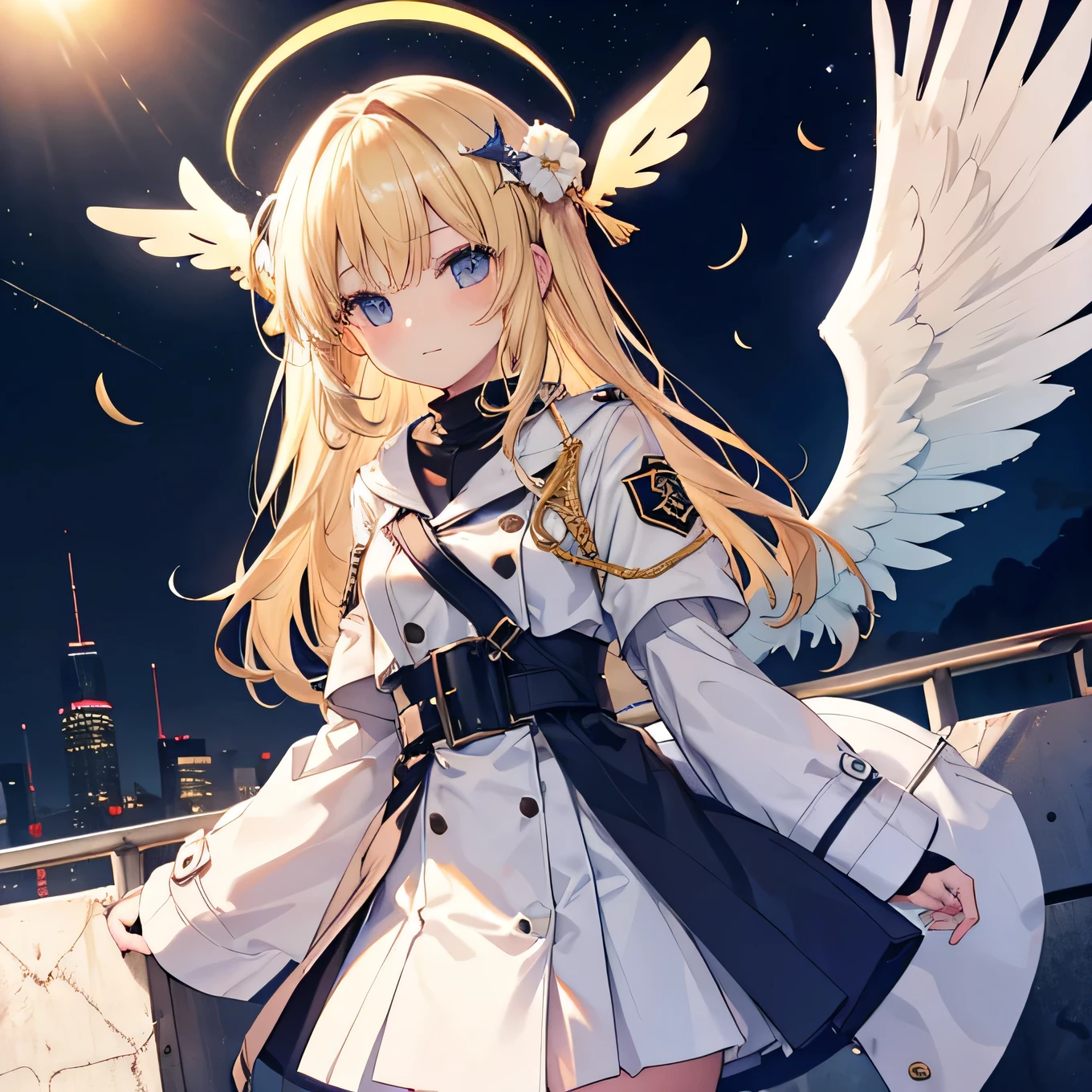 sixteen year old girl,Blonde,Miko Costume,Halo,Trench coat,Angel Wings,whole body,Crescent Moon