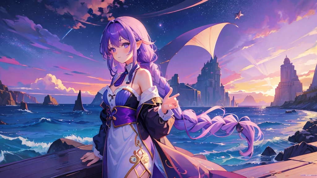girl with purple hair, braid hair, purple eyes, fish ears, fish tail, mermaid, purple royal clothes, sky with star, sea, 8k resolution, detail