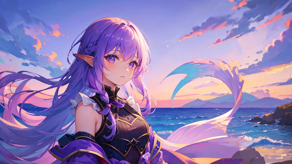 girl with purple hair, braid hair, purple eyes, fish ears, fish tail, mermaid, purple royal clothes, sky with star, sea, 8k resolution, detail