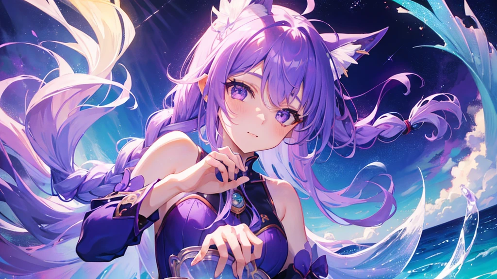girl with purple hair, braid hair, purple eyes, fish ears, fish tail, mermaid, purple royal clothes, sky with star, sea, 8k resolution, detail