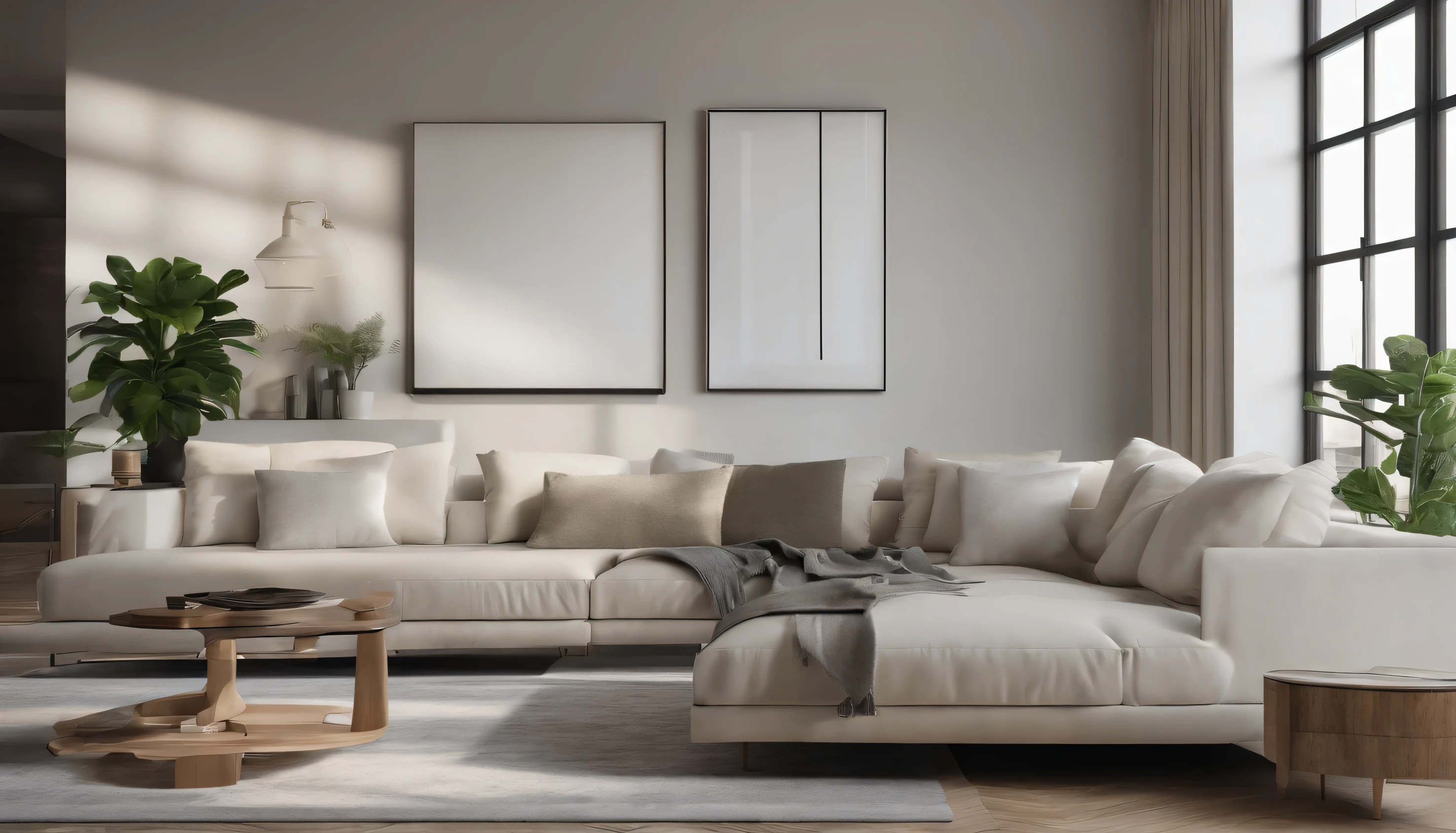 Describe a luxurious living room with high-quality finishes. The walls are painted a crisp white color, and the floor is also white. The curtains are white with a subtle sheen. The room features a red accent cushion and a white rug. There is a beautiful 8K and 16K resolution poster of the ocean on one wall, and a stand lamp with a sleek design provides lighting. The room has a modern, urban feel, similar to a high-rise apartment. Incorporate spotlights and a Pakira plant as additional design elements. What does this room look like?