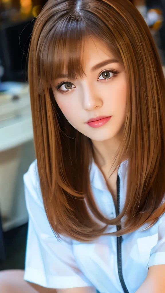 Best quality, 8k, ,Masterpiece :1.3)), facing viewer,((full body1.2)) ,pretty woman, wide shot ,1girl, , selfie , , Hair salon, brown hair , bangs,ultra-detailed face, highly detailed lips, detailed eyes, double eyelid
