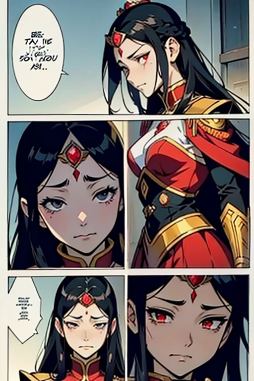 Anime girl empress with black hair and red diamond on forehead, crying in pain, full body shots, manga page with panels and dialogue