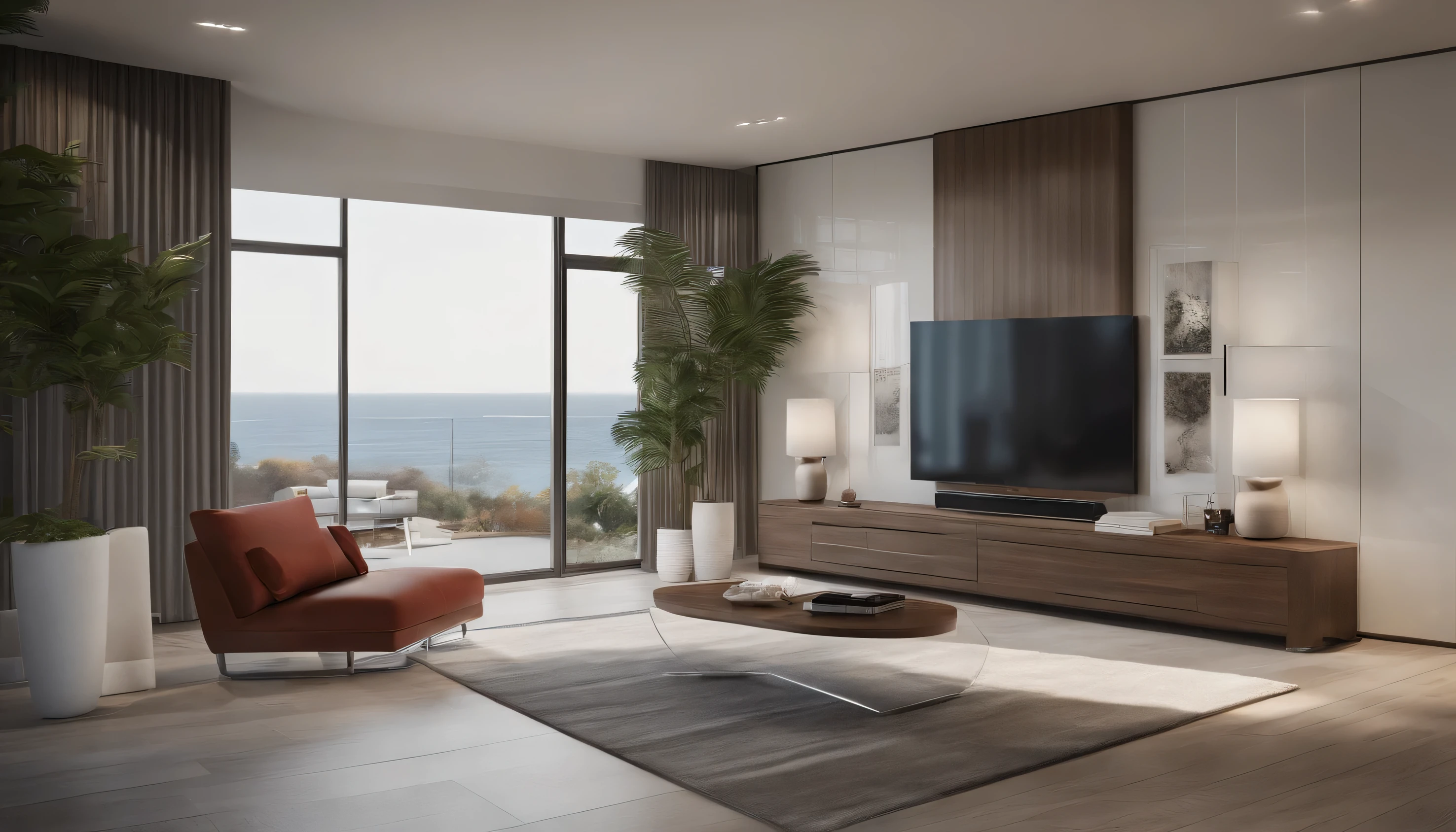 Describe a luxurious living room with high-quality finishes. The walls are painted a crisp white color, and the floor is also white. The curtains are white with a subtle sheen. The room features a red accent cushion and a white rug. There is a beautiful 8K and 16K resolution poster of the ocean on one wall, and a stand lamp with a sleek design provides lighting. The room has a modern, urban feel, similar to a high-rise apartment. Incorporate spotlights and a Pakira plant as additional design elements. What does this room look like?