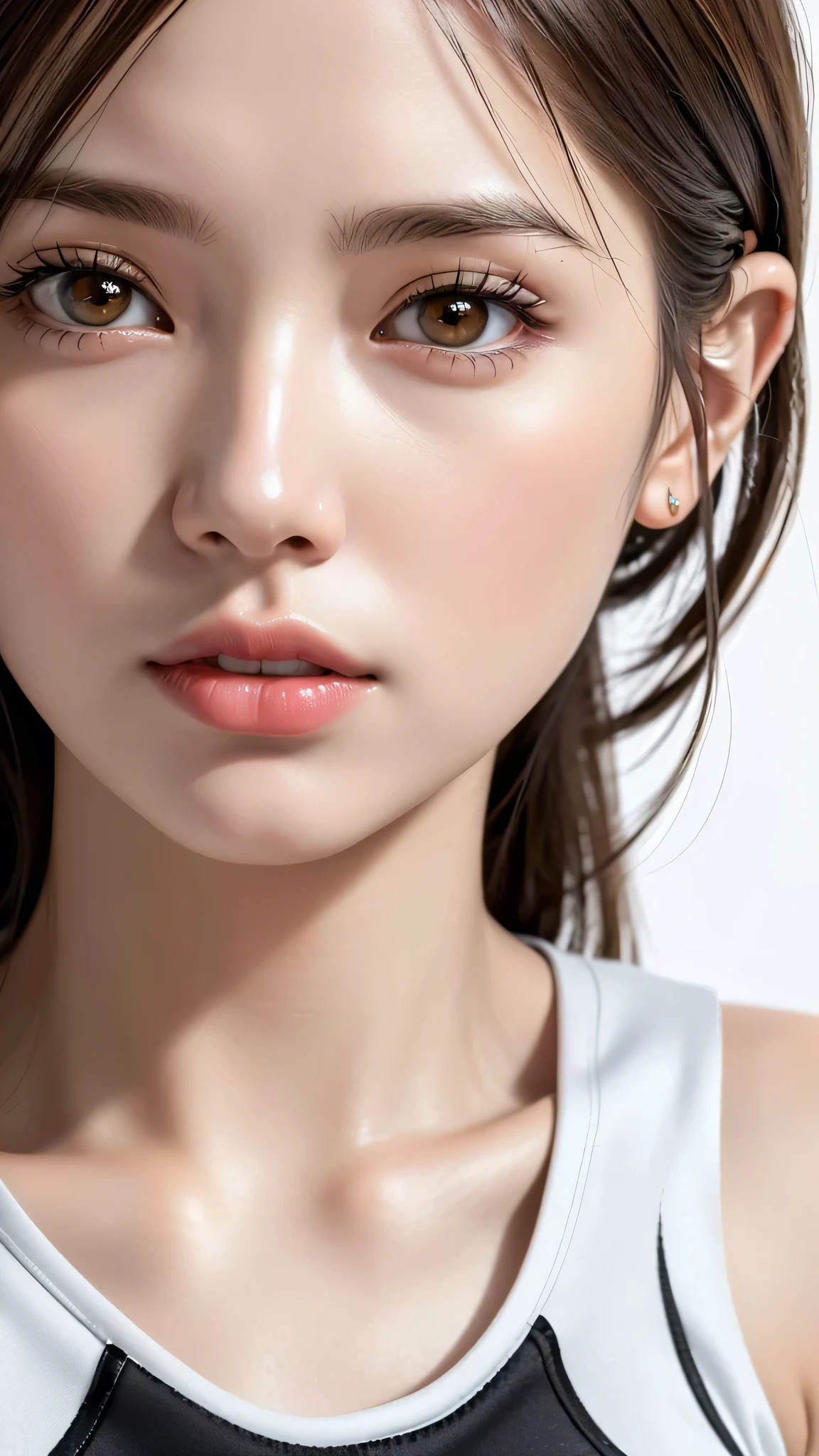 photorealistic realism 16K quality, (super details beautiful face), (super quality details in realistic texture: skin, hair), 1 woman, 17 years old, Japanese Supermodel, ((anatomically correct)), ((perfect proportions)), (((Ultra high-res Realistic brown_eyes, clear sharp, absurd quality details, not blurry, vibrant, Symmetrical, perfect round:1.12))), ((Detailed pupils:1.4)), ((pale skin)), ((dry skin)), (([tight sleeveless (sports tank top)]:[BLACK]:1.25)), (half body shot), ((close up of her face:1.25)), (Let your bangs hang long), dslr, best high quality soft lighting, sharp focus captured by Fujifilm XT3, f 5.6, in dramatic cinematographic lighting,