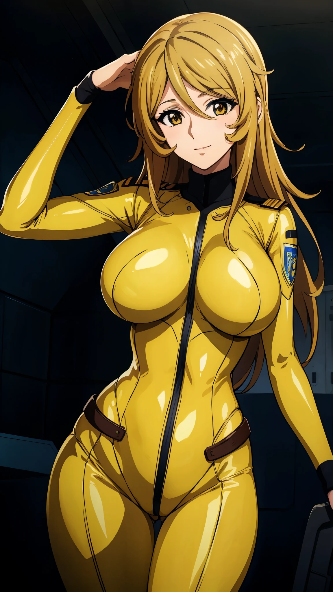 8k, anime,One girl,Yellow bodysuit,(Bright room,Inside the spaceship,Bedroom), Huge breasts, View Viewer, Brown eyes,(Aesthetic Anime Eyes:1.4), smile,slender,Focus Only, Cowboy Shot,(masterpiece:1.4),(highest quality:1.4),(Shiny skin),Steaming body ,      