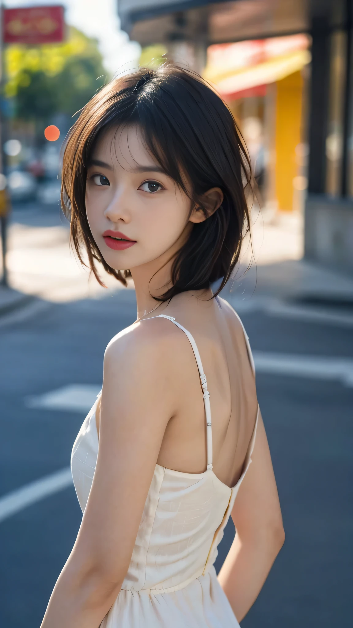 masterpiece, top-quality, 1 beautiful girl, (Detailed beautiful eyes), ((Detailed skin)) , ((Detailed medium hair )), A beautiful 170cm, RAW photos, CG rendering, Blurred background, deep shadow,  16K, bokered,  Very detailed, wallpaper, depth of field, movie light, Ray tracing, 