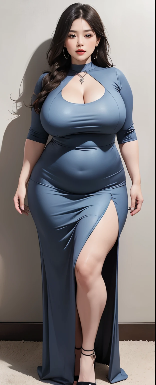 Chubby woman with fat belly and tight thighs, full body, 50-year-old mature woman, thick hips, thick neck, thick chest, big eyes, wearing a longest dress