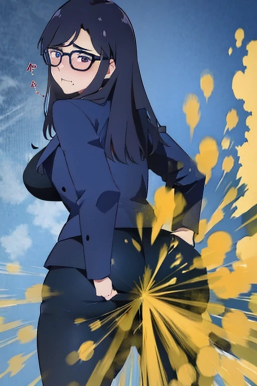 Minakata Hizuru, wearing default outfit, default hair, black hair, wearing dark suits, farting, massive fart, yellow smoke, fart from ass, blush, clenching teeth, viewing ass