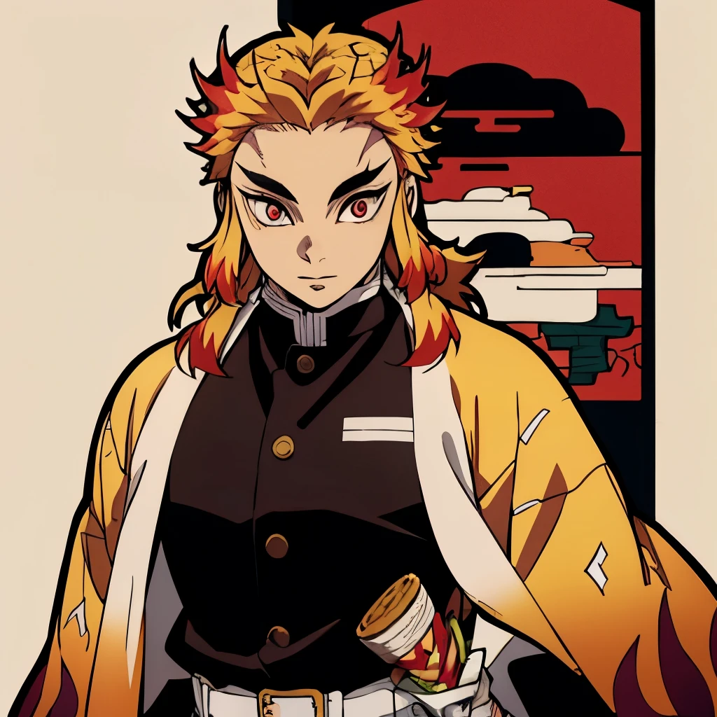 rengoku kyojuro, prominent figure "Demon slayer: Kimetsu no Yaiba," Her bright yellow hair is eye-catching, The tip is red and faded, resembling inflammation. His fiery appearance、Complemented by expressive golden eyes。. He wears the traditional Demon slayer Corps uniform, 赤と黄色のinflammationの模様が描かれた特徴的な白い羽織が特徴的, inflammation柱としての地位を象徴する. Rengoku's strong, A muscular physique and confident posture、It conveys his strength and dedication to his role as a demon slayer.。.           Happy, Warm colors, smile, high quality, inflammation, Burning Background, alone, sword 、live-action