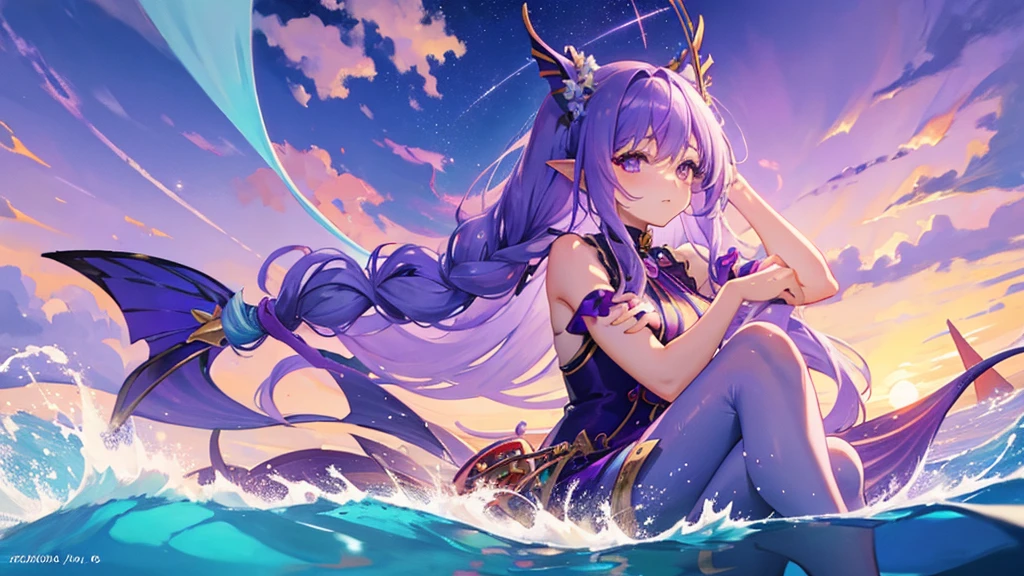 girl with purple hair, braid hair, purple eyes, fish ears, fish tail, mermaid tail, purple royal clothes, sky with star, sea, 8k resolution, sit in the sea, detail