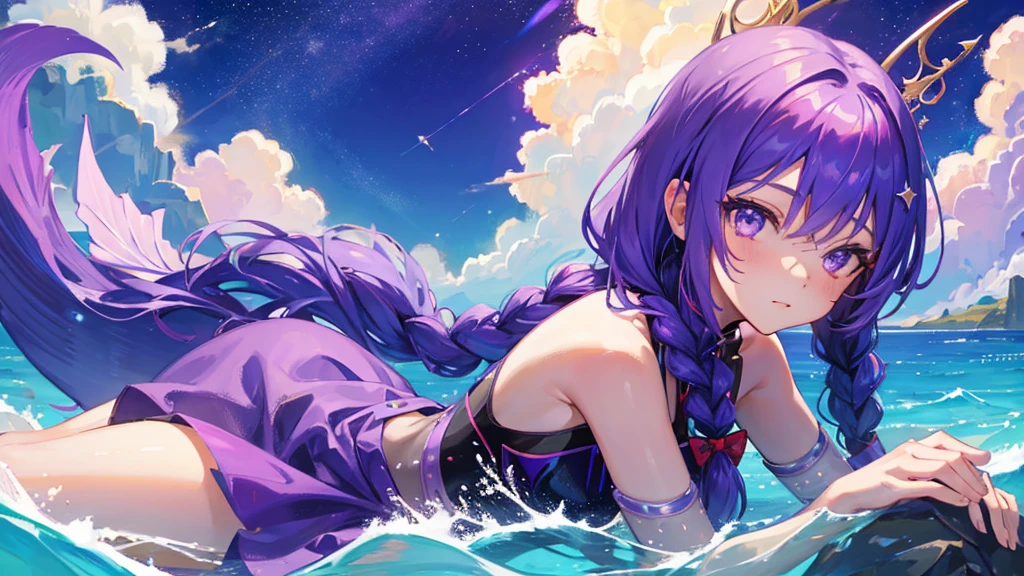 girl with purple hair, braid hair, purple eyes, fish ears, fish tail, mermaid tail, purple royal clothes, sky with star, sea, 8k resolution, sit in the sea, detail 