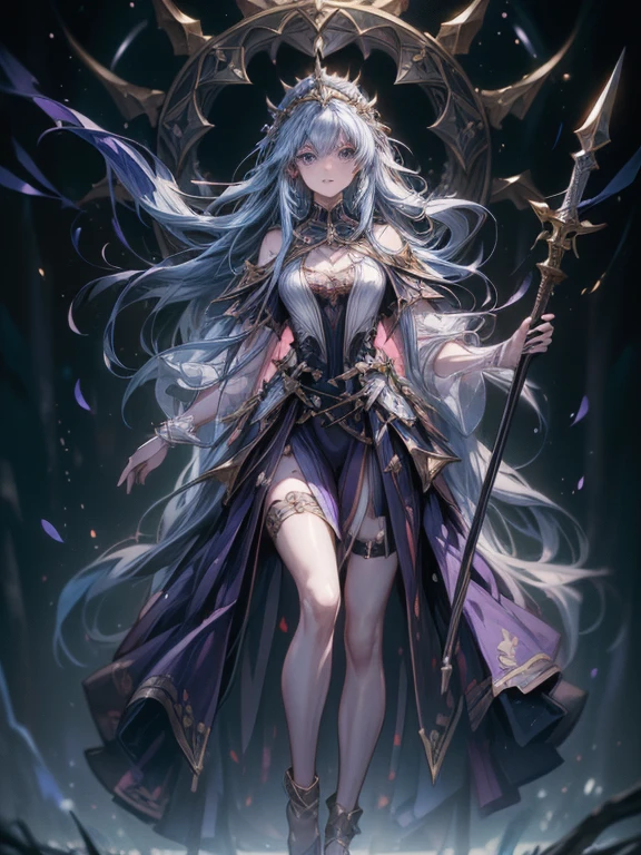 (((masterpiece, best quality, high detailed, 8k)))Design a layout showcase Gaming character, (1girl). Golden|Purple clothes, stylish and unique. ((showcase weapon:1.4)), magic staff. (masterpiece:1.2), (best quality), 4k, ultra-detailed. (Step by step design, layout art:1.5), (luminous lighting, atmospheric lighting). magican, ((glove full hands)), (((revealing clothes:1.3))), vambraces, armored legwear, (((full_body_shot:1.4))). {In a mystical forest|On a magical battlefield}.
