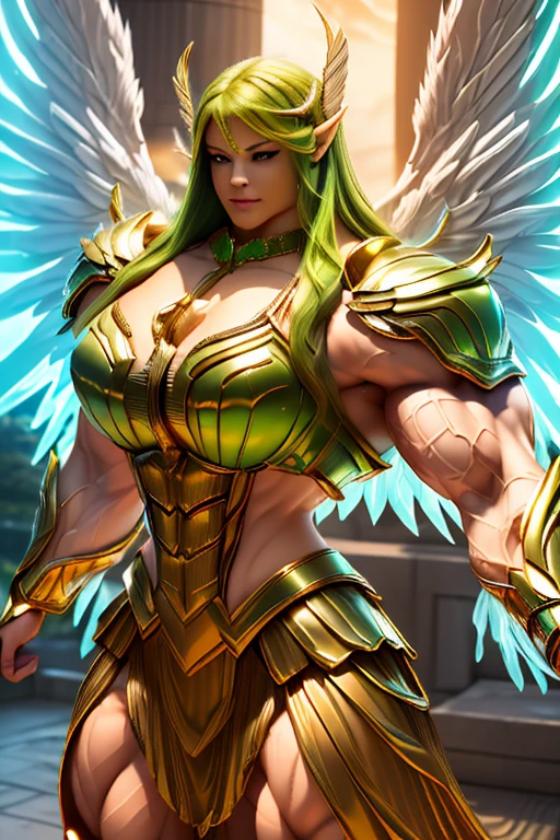 ((((Massive, tall, beautiful, buff, muscular brown skinned woman mage with green hair, huge angel wings, ginormous bulky muscles, holding a dragon mage staff and wearing a beautiful hooded white enchanted robe with long long skirt)))), (close-up view), vascular, massive muscle, massive biceps, hyper muscle shoulders, hyper muscle triceps, (curvy long hair), orange eyes, (wearing a long extremely intricate robes, long magical robes), (white mage boots), smirk, white gauntlets, (in a dragon forest), evening, Vascular arms, hyper vascular arm, hyper muscles arms, hyper muscle legs, massive arms.