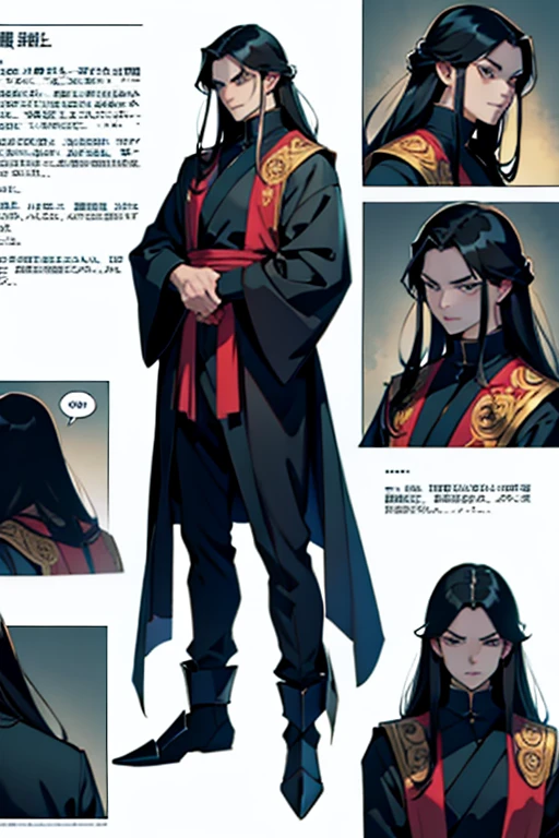 Evil Emperor with long black hair, full body shots, manga page with panels and dialogue