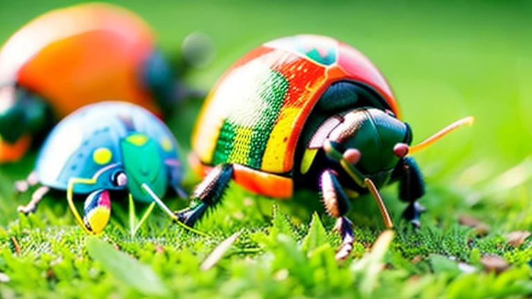 Children playing with beautiful beetles in the grassland、Children playing with beautiful beetles in the grassland、Colorful Mushiking