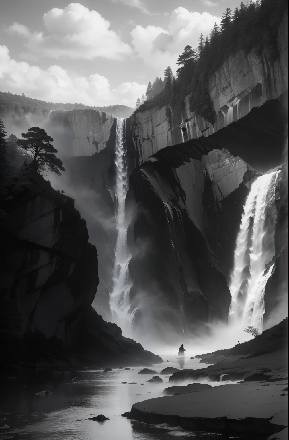 (8k,high-res,masterpiece), ultra-detailed, (realistic, photorealistic, photo-realistic) ,B&W photography ,scenic landscape, gigantic waterfall, high angle photo, from above, Angel Falls, crystal clear water, sunlight filtering through mist, majestic mountains in the background, clouds hovering around the waterfall, reflection of the waterfall in a calm pool of water, mist creating a dreamy atmosphere, peaceful and serene, subtle shades of black and white, contrast between light and shadow, stunning natural beauty,nature's grandeur, exquisite detail in every element, jagged rocks and steep cliffs, sensory experience of the roaring water,extraordinary scale of the waterfall, awe-inspiring view, immersed in the beauty of nature, mesmerizing and captivating, emotional connection with the scene,tranquil and harmonious composition, vivid tones and textures, monochrome aesthetic, impressive and breathtaking landscape, striking composition and perspective, utterly immersive experience, visual feast for the eyes.