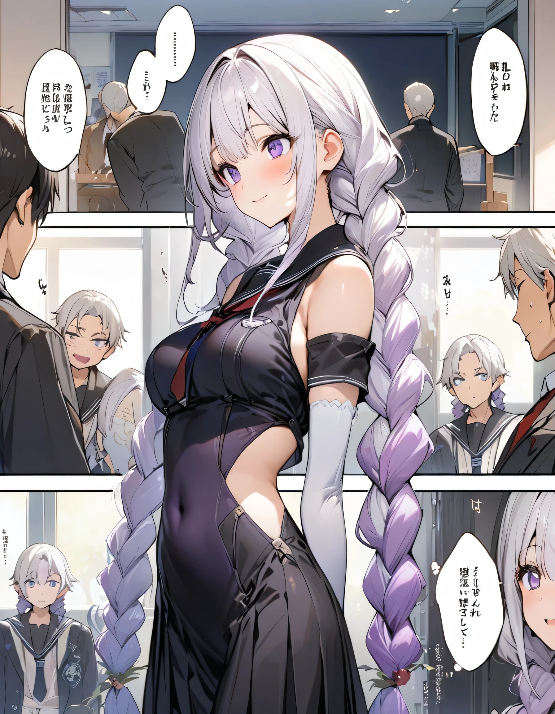 (masterpiece, highest quality), detailed, comics,Meeting between a man and a womanのシーン、 boy, School, Manga Page, Doujinshi, Download contents, anime, Branch Panel, (From right to left, Top to bottom), 1boy, (others boys, Various random faces, Various random hairs), (1boy, boy, Short white hair, school uniform)、highest quality、masterpiece、Official Art、16k、The best configuration、The best light source、Very detailed、so beautiful、Very detailedな目、Purple eyes、Twin-tailed braid、yinji,1girl,purple eyes, long hair, twin braids, purple hair, multicolored hair, elbow gloves, bangs, very long hair,bare shoulders, black skirt, grey hair, dress, smile, side cutout,covered navel, side cutout,Meeting between a man and a woman、like、Calm、