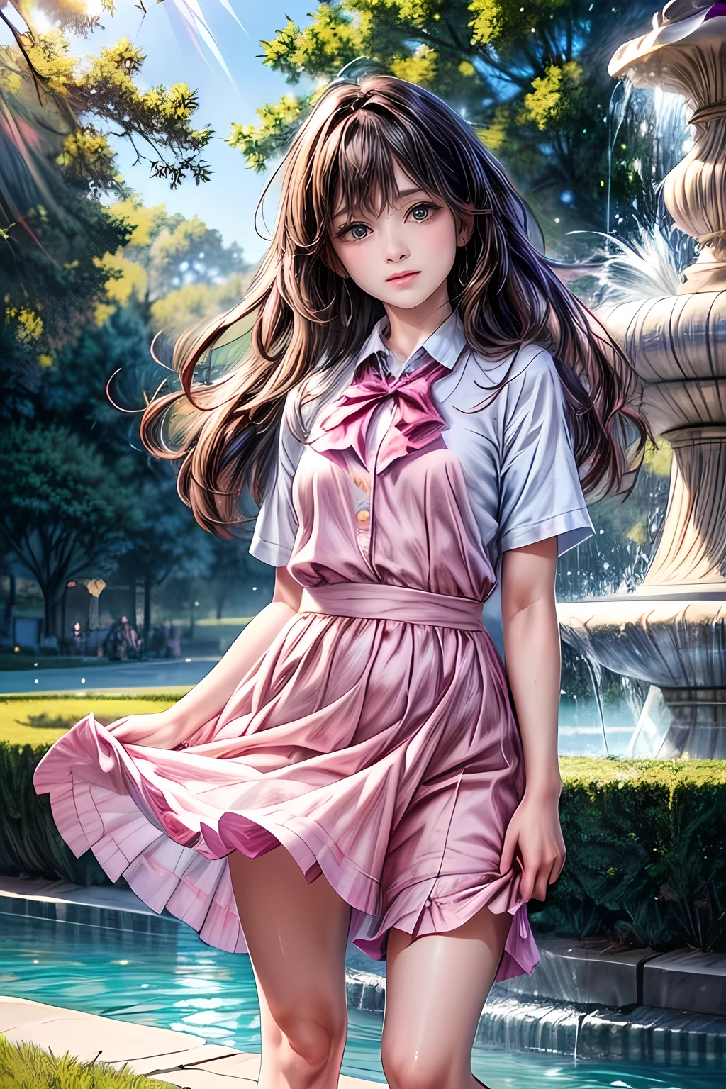 masterpiece:1.2, highest quality, 16k, highres, ultra-realistic, photorealistic:1.37, beautiful detailed:1.2, cute 2 girls, standing:1.2, bare foot school girls, school summer uniform, The two of us play while being splashed by the fountain in the park, Rainbow-colored fountain spray, frolicking happily, beautiful delicate(hair, face, long eyelash, eyes, pupils, lips), sparkling eyes, shining rosy lips, blushed cheek, through bangs,