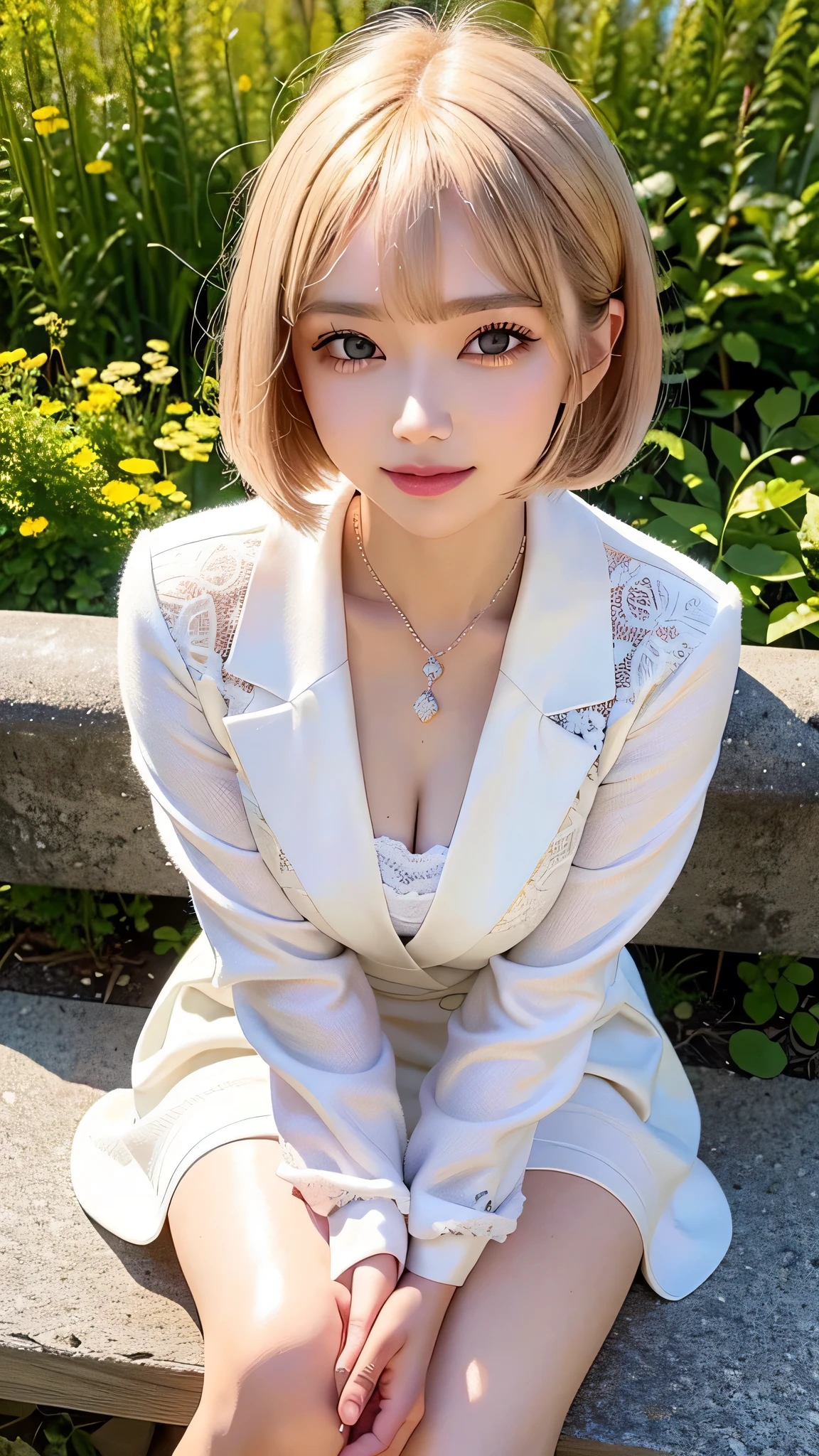 sunny day, Elegant photo of a girl in a blazer dress, (Puffy eyes:1.05), (White lace shirt), Platinum brown hair, (Angled Bob:1.4), Flat bangs, (Flowing hair), smile, Happy, happiness, Skin with attention to detail, Skin pores, A beautiful innocent symmetrical face, Long eyelashes, Black eyeliner, Light gold eyeshadow,(Sit on a bench), Crossed_feet, Emotional, Wind, garden, wood, Grass, masterpiece, highest quality, Realistic,Bobcut