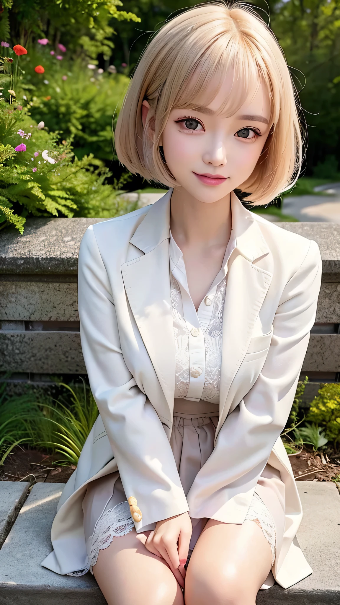sunny day, Elegant photo of a girl in a blazer dress, (Puffy eyes:1.05), (White lace shirt), Platinum brown hair, (Angled Bob:1.4), Flat bangs, (Flowing hair), smile, Happy, happiness, Skin with attention to detail, Skin pores, A beautiful innocent symmetrical face, Long eyelashes, Black eyeliner, Light gold eyeshadow,(Sit on a bench), Crossed_feet, Emotional, Wind, garden, wood, Grass, masterpiece, highest quality, Realistic,Bobcut